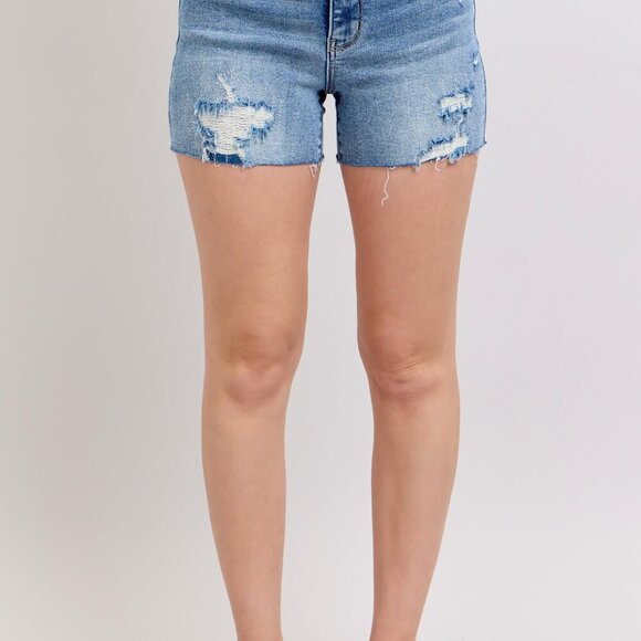 Judy Blue Full Size High Waist Denim Shorts W/stitch Over Destroy Detail Plus Si - Picture 2 of 10
